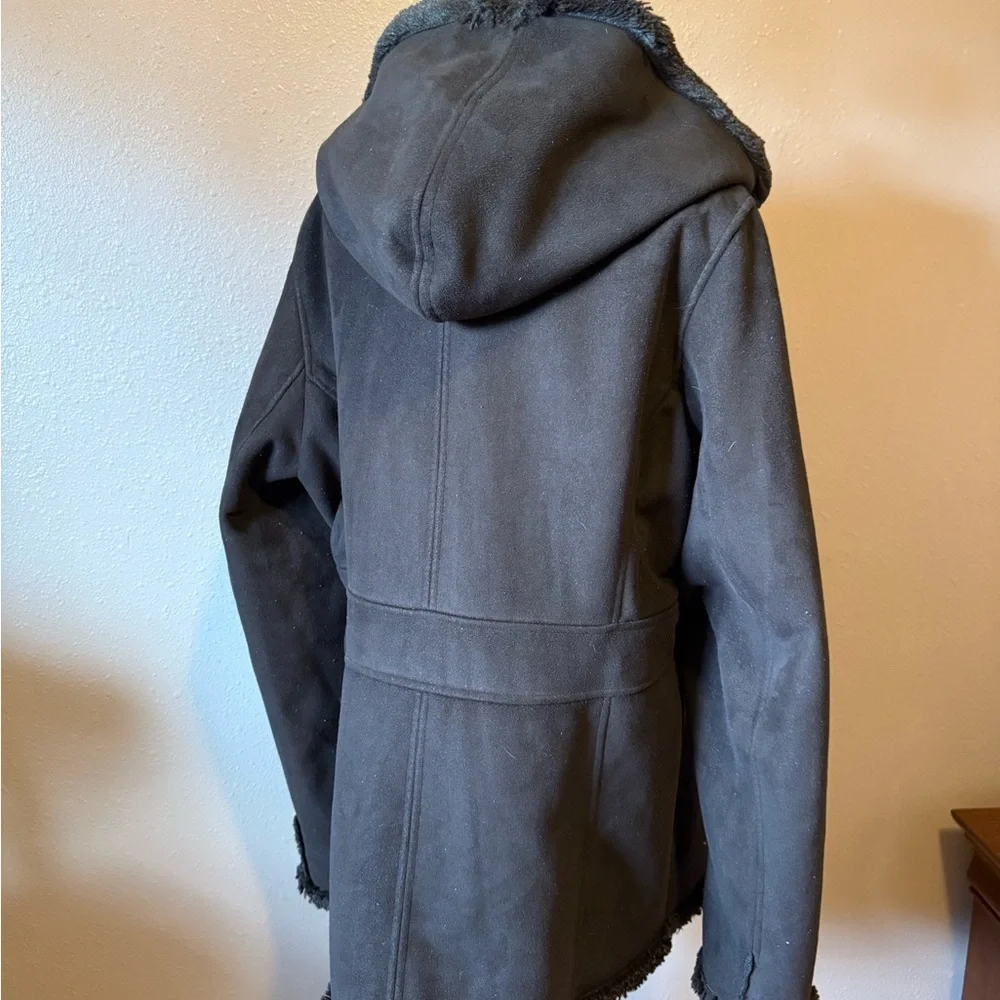 Jones New York Chocolate Suede Coat w/Plush Faux Shearling lining & Hood